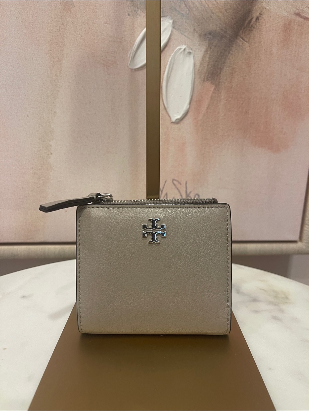Tory Burch Pebbled Taupe Leather Zip Wallet with Silver Logo